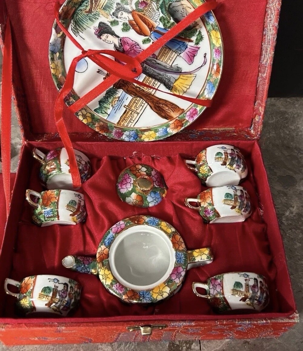 Vintage Chinese Miniature Porcelain Tea Set 30-50 Yrs Old w/ Brocade Box, As-is